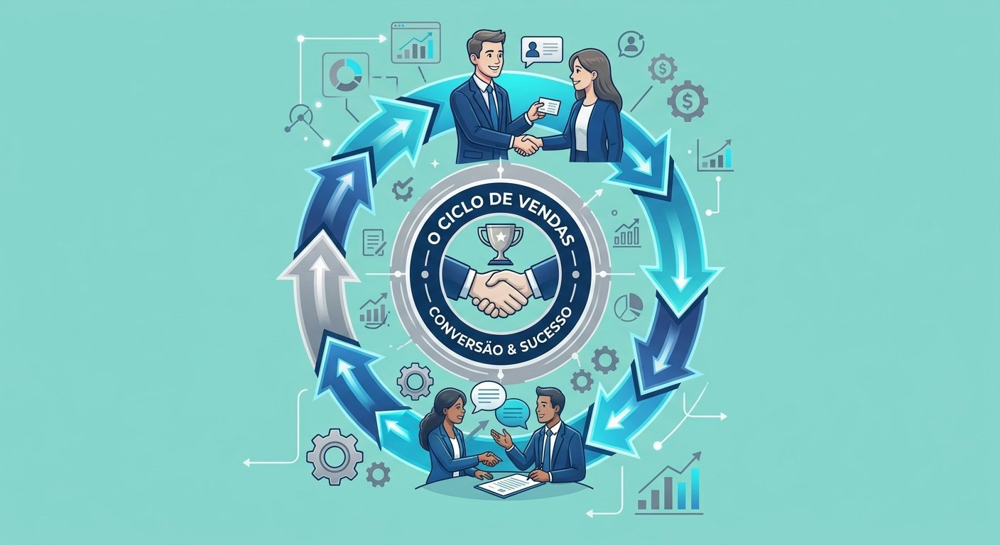 Ilustração do ciclo de vendas B2B: prospecção, conversa, negociação e fechamento em um fluxo circular